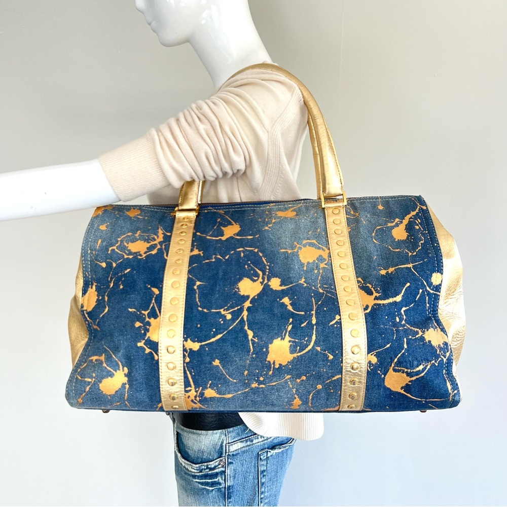 JUNIOR DRAKE Gold Leather Blue Denim Studded Large Travel Shopping Shoulder Tote